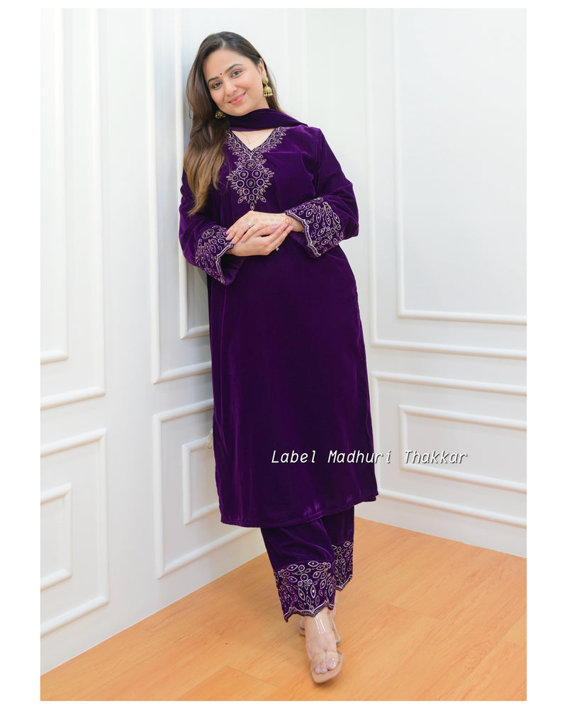 Purple Threadwork Velvet Suit