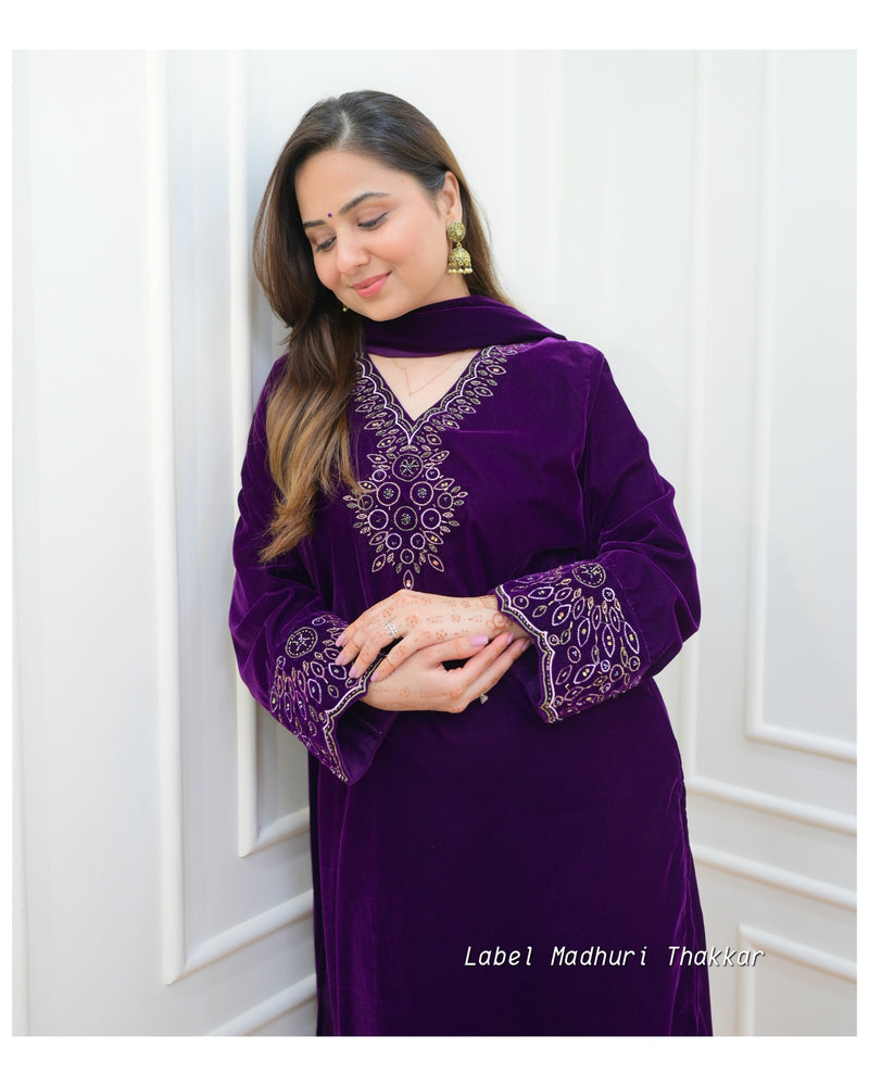 Purple Threadwork Velvet Suit