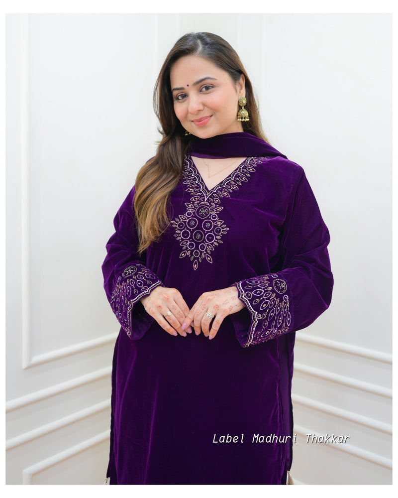 Purple Threadwork Velvet Suit