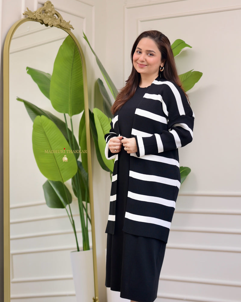 Black Knitted Winter Dress With Striped Cardigan