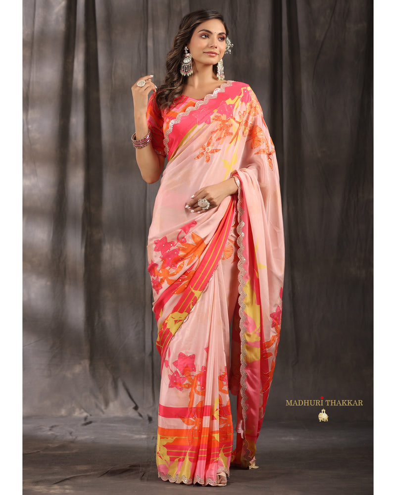 Pastel Green Digital Printed Italian Crepe Saree features  floral-painting-style design all over the saree