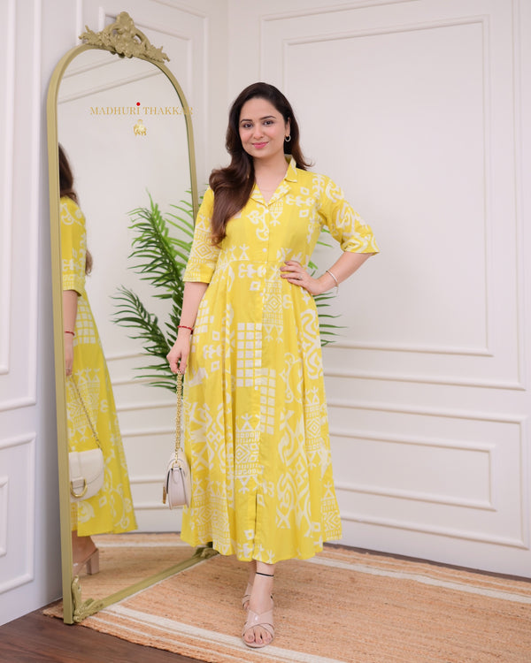 Yellow Geometric Cotton A Line Dress