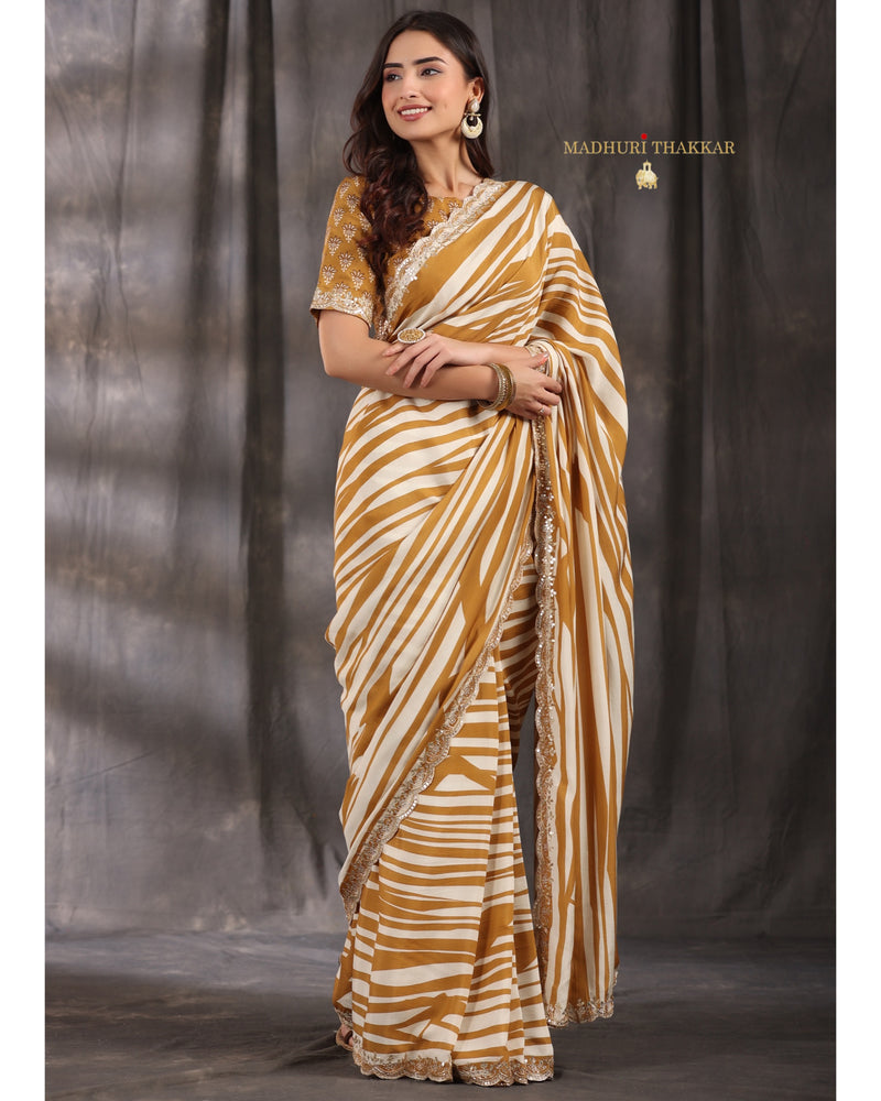 Mustard Ivory Striped Muslin Saree With Scallop Mirror Work