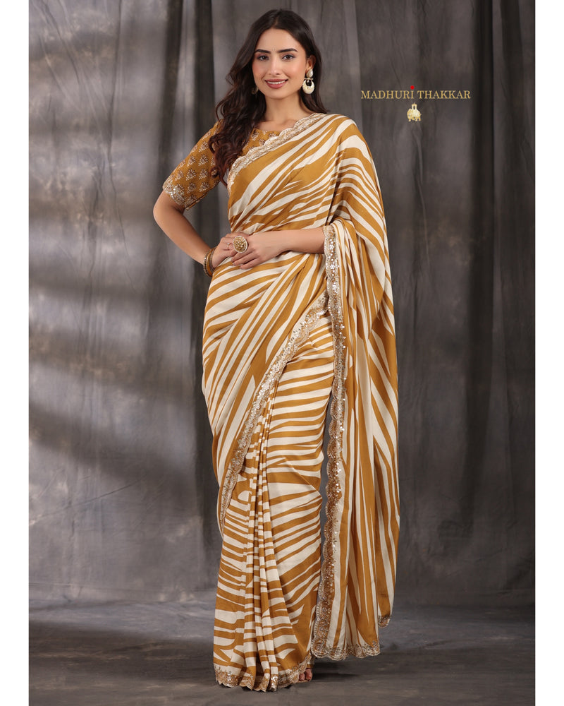 Mustard Ivory Striped Muslin Saree With Scallop Mirror Work