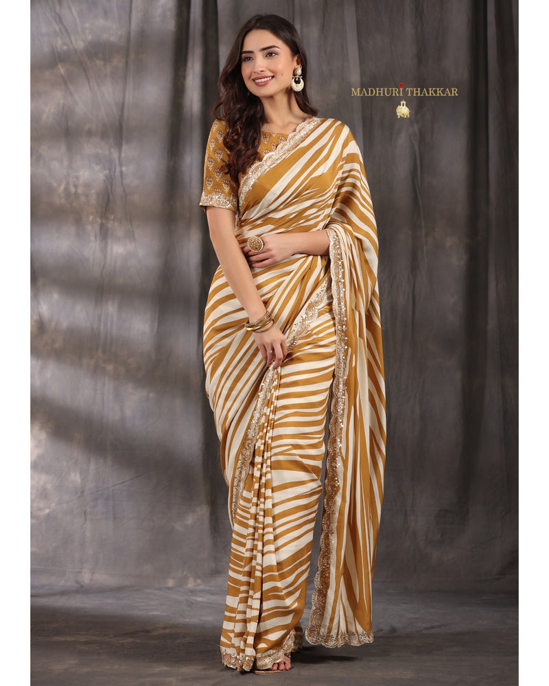 Mustard Ivory Striped Muslin Saree With Scallop Mirror Work