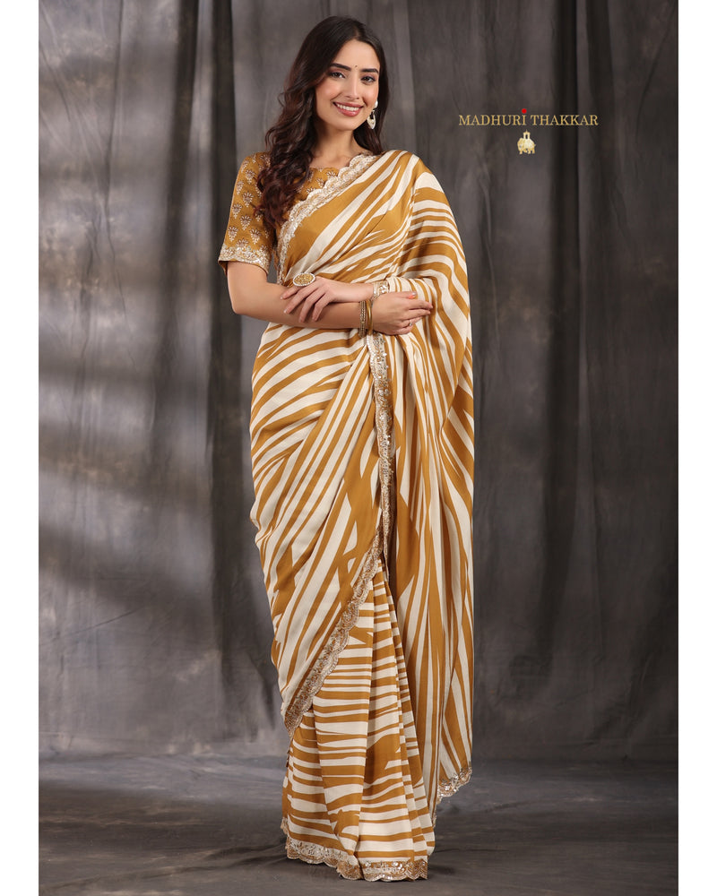 Mustard Ivory Striped Muslin Saree With Scallop Mirror Work