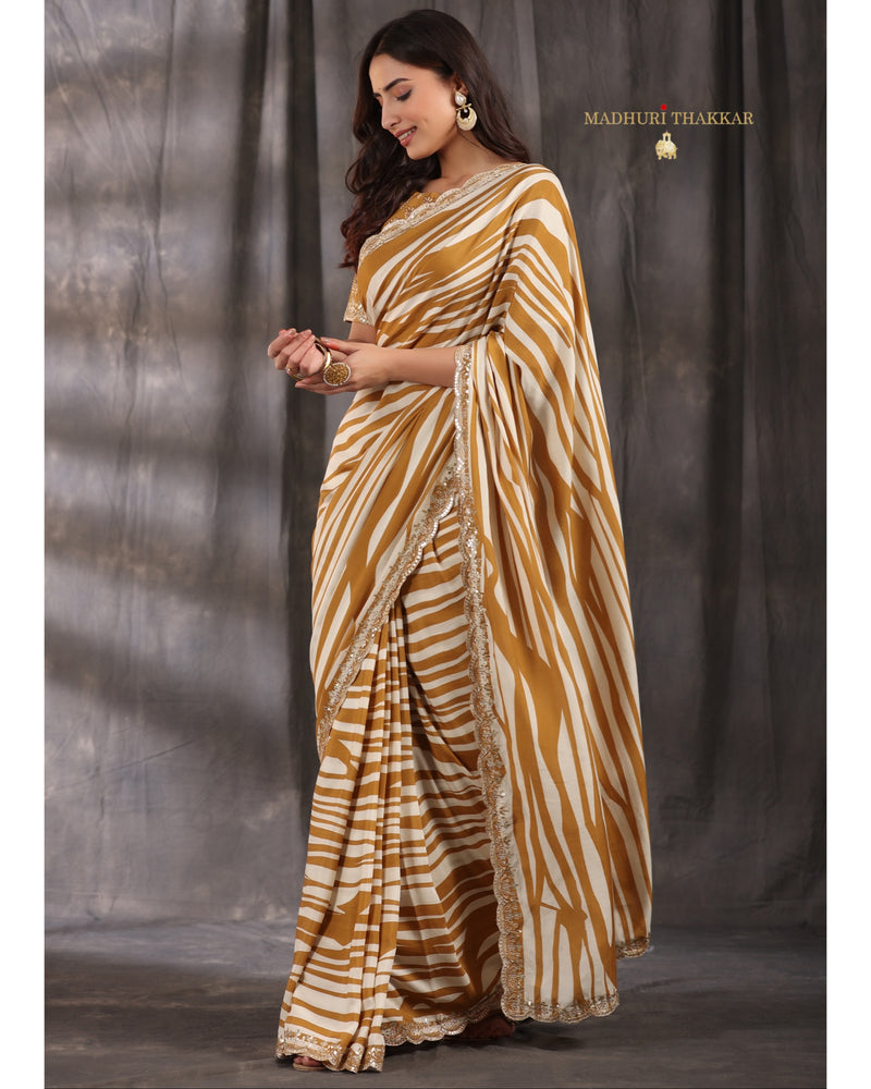 Mustard Ivory Striped Muslin Saree With Scallop Mirror Work