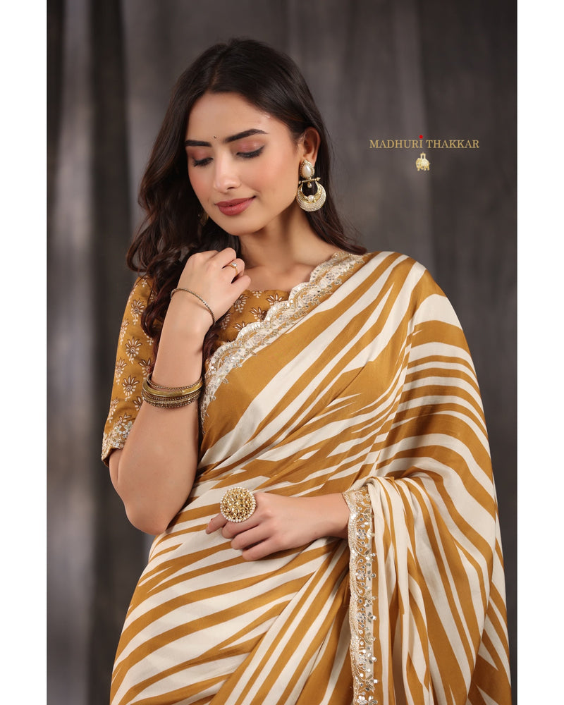 Mustard Ivory Striped Muslin Saree With Scallop Mirror Work