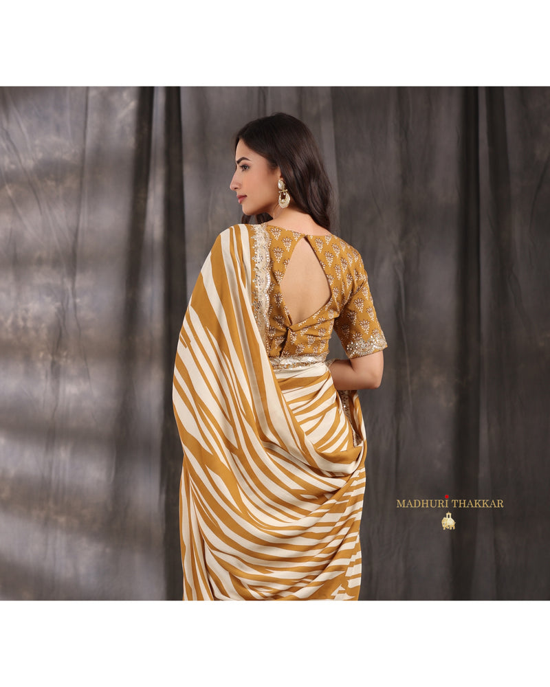 Mustard Ivory Striped Muslin Saree With Scallop Mirror Work