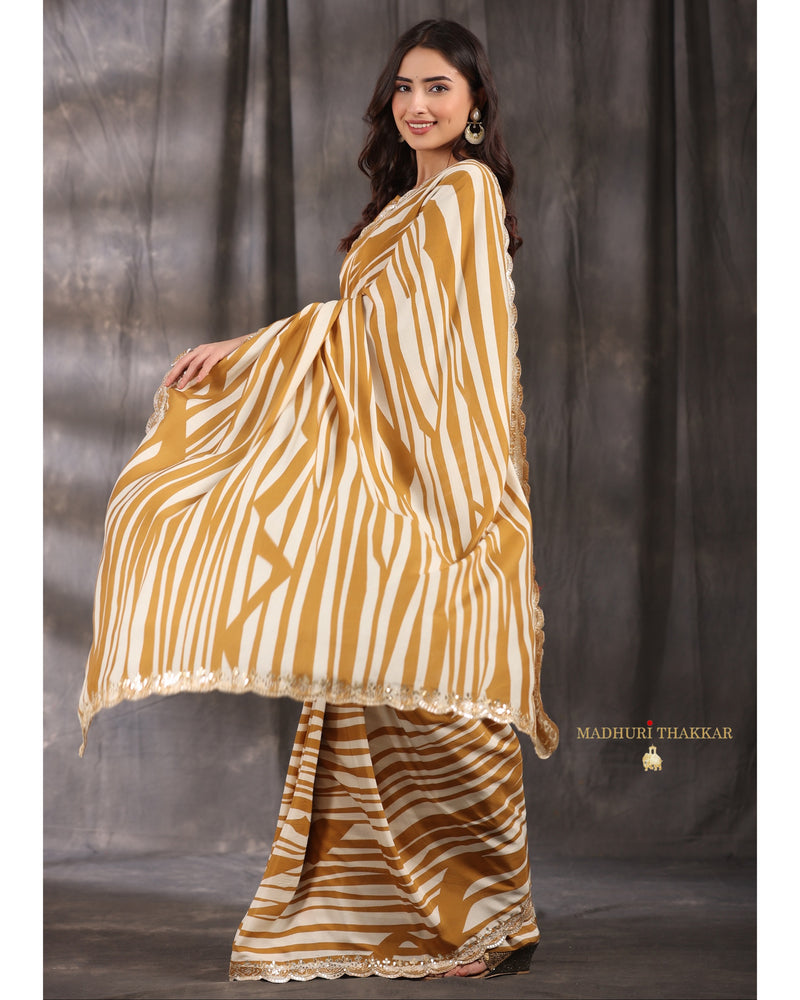 Mustard Ivory Striped Muslin Saree With Scallop Mirror Work