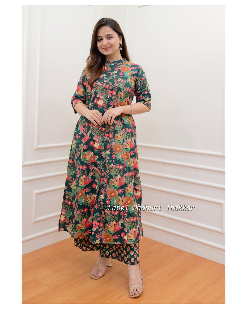 Bottle Green Floral Kurta Set