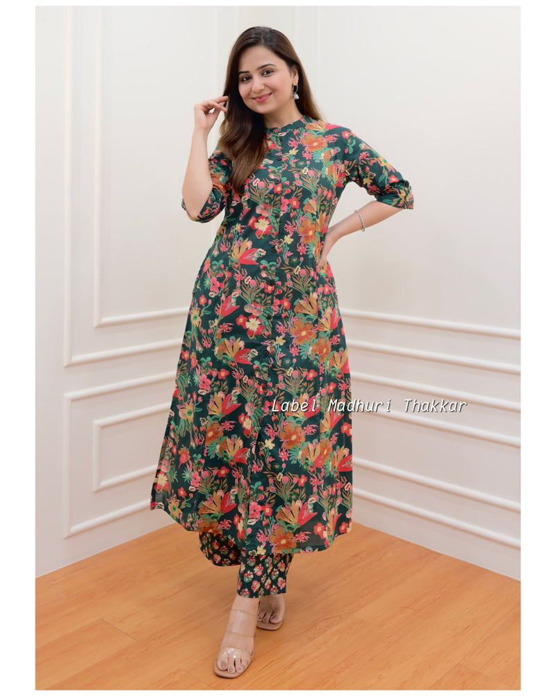 Bottle Green Floral Kurta Set