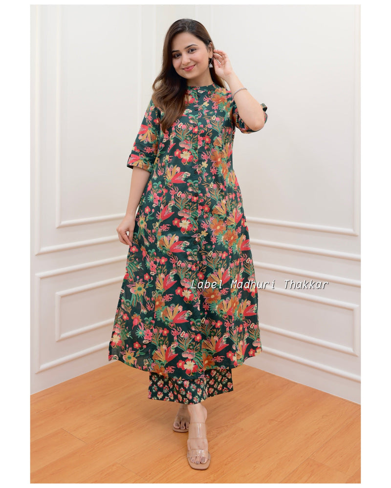 Bottle Green Floral Kurta Set