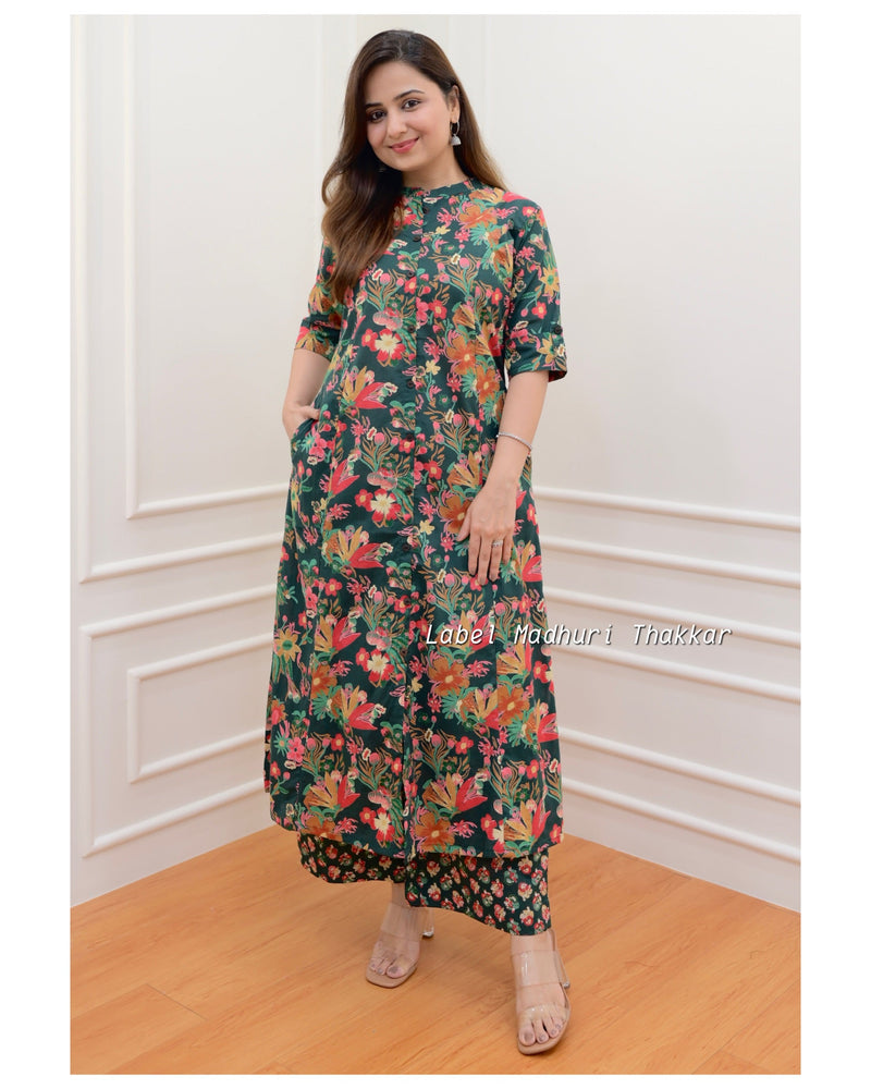 Bottle Green Floral Kurta Set