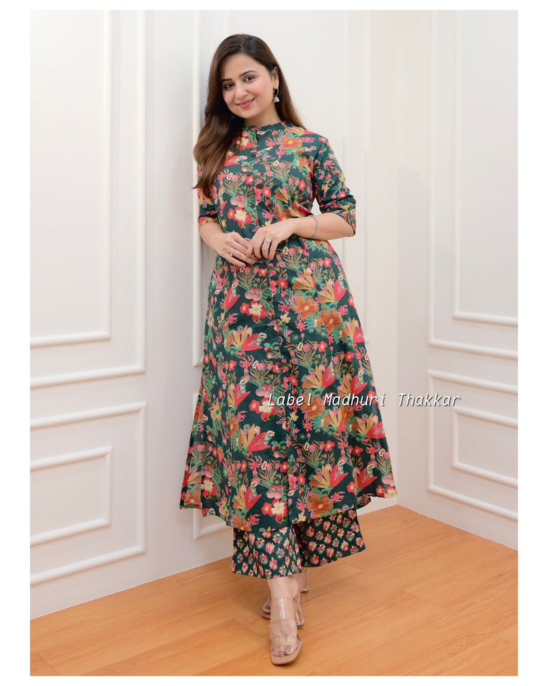 Bottle Green Floral Kurta Set