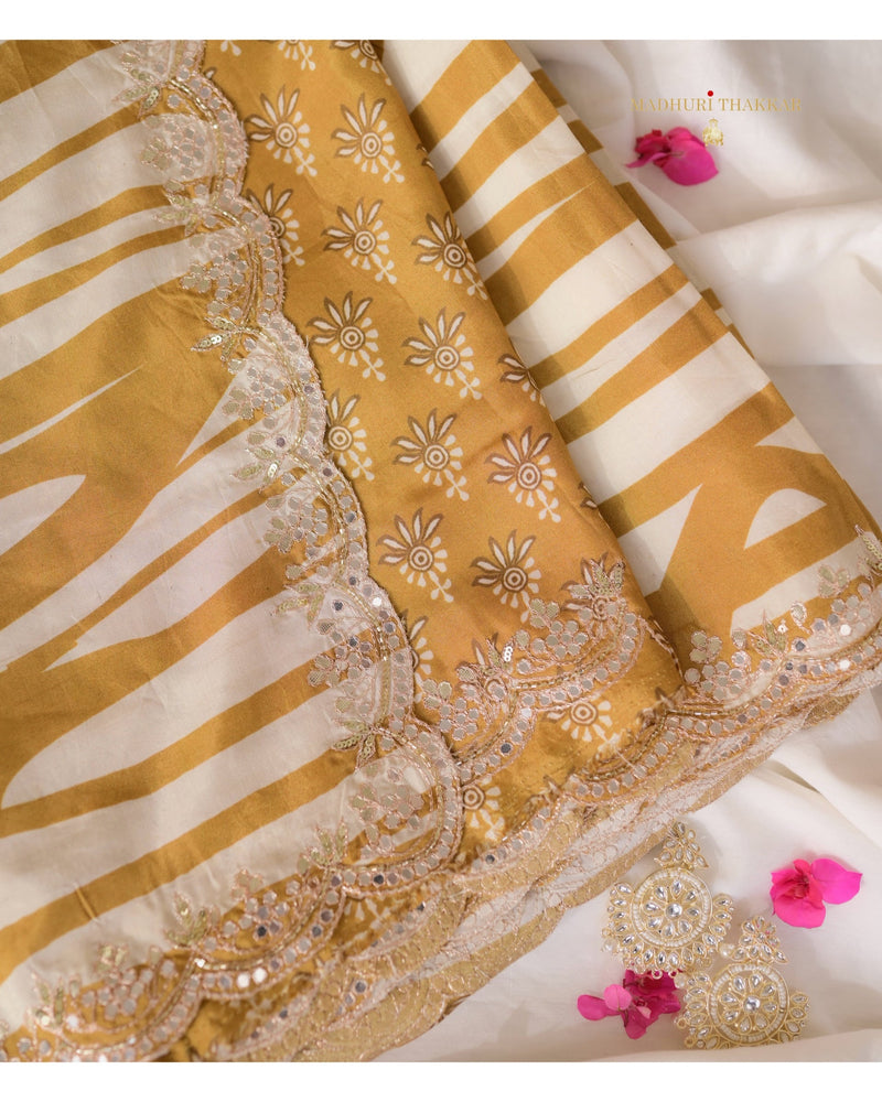 Mustard Ivory Striped Muslin Saree With Scallop Mirror Work