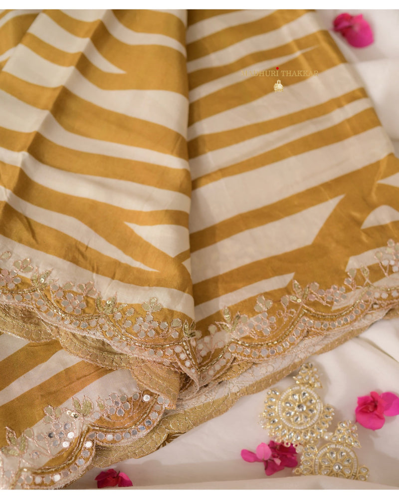 Mustard Ivory Striped Muslin Saree With Scallop Mirror Work