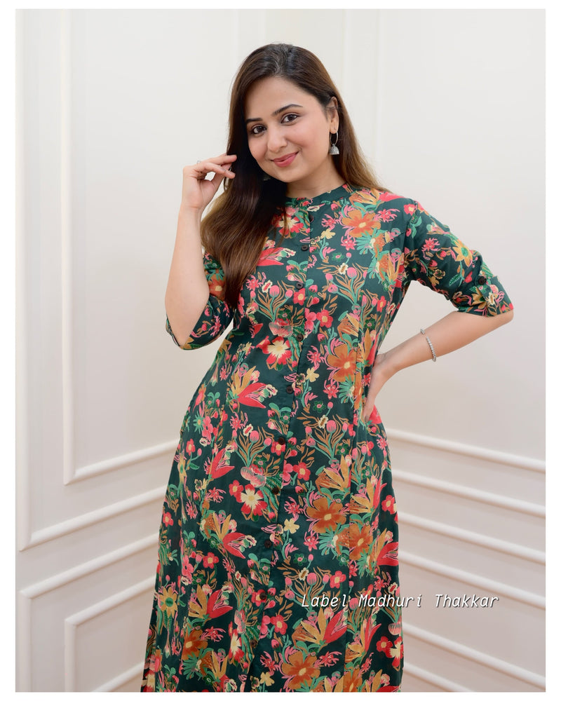 Bottle Green Floral Kurta Set