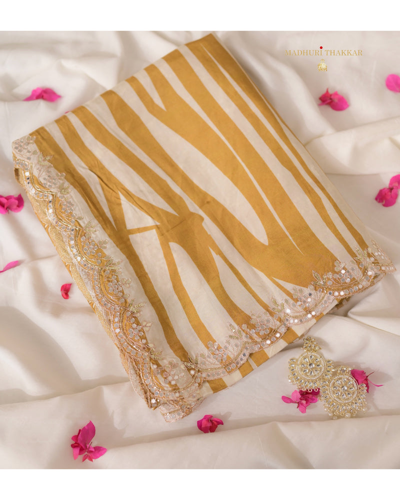 Mustard Ivory Striped Muslin Saree With Scallop Mirror Work