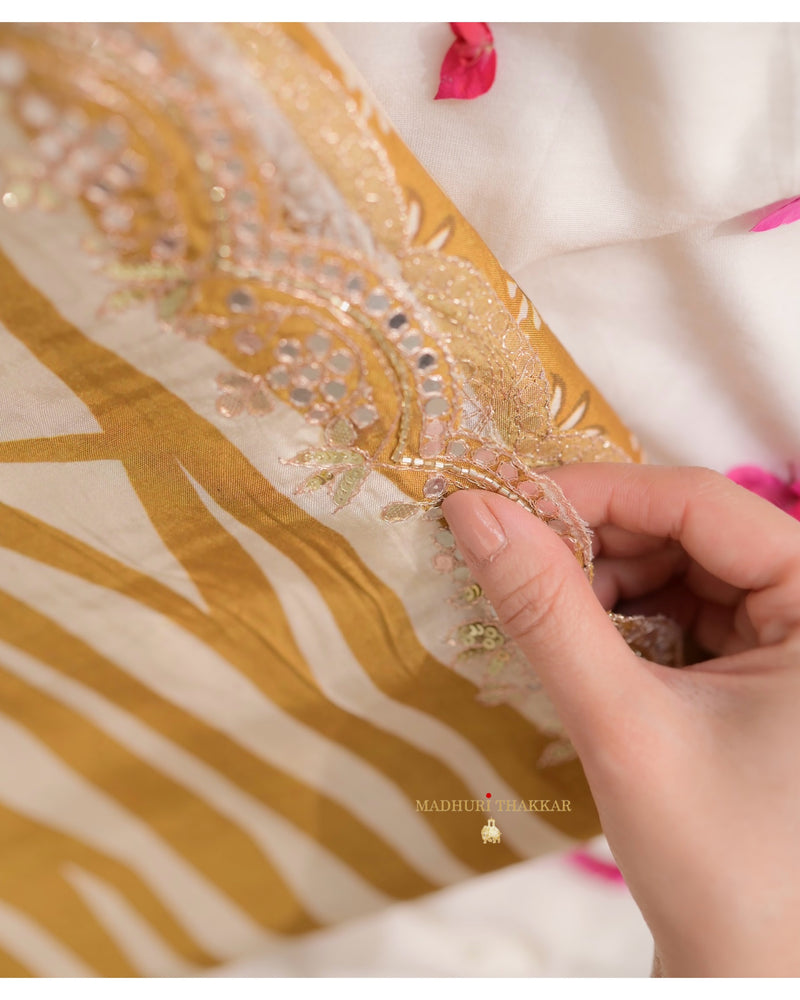 Mustard Ivory Striped Muslin Saree With Scallop Mirror Work