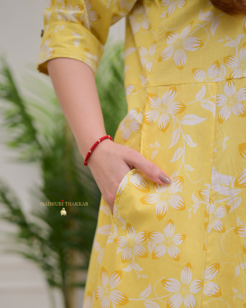 Bisque Yellow Flower Cotton A Line Dress