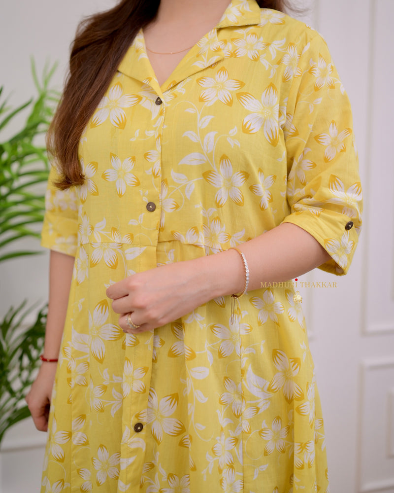 Bisque Yellow Flower Cotton A Line Dress