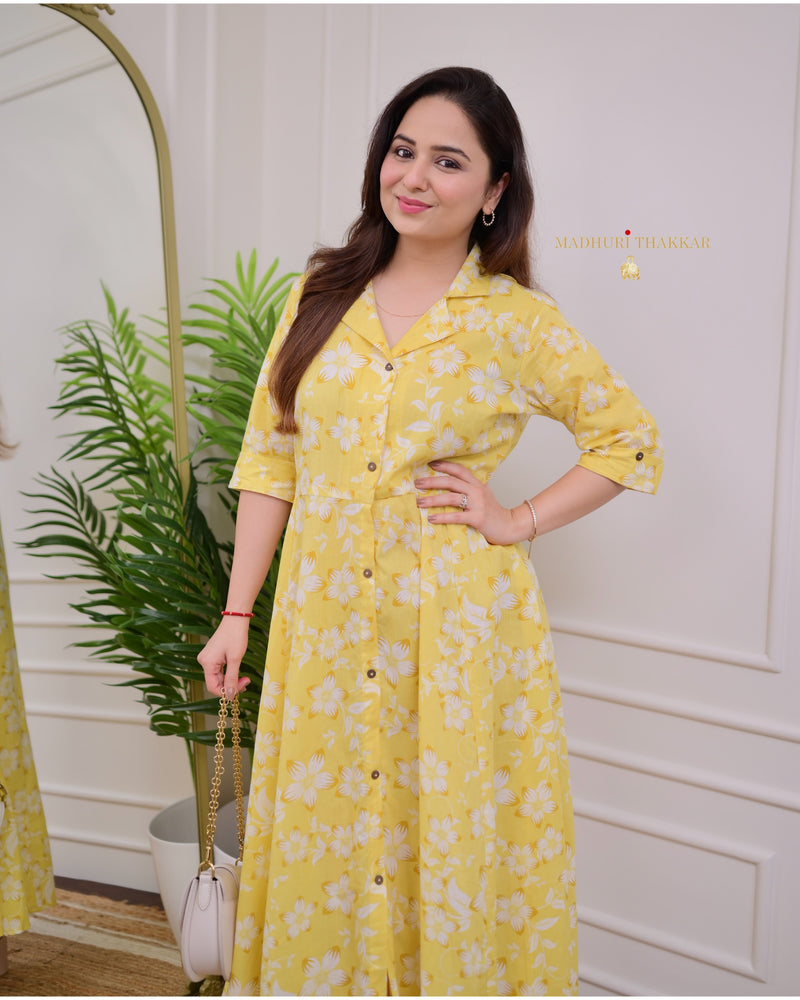 Bisque Yellow Flower Cotton A Line Dress