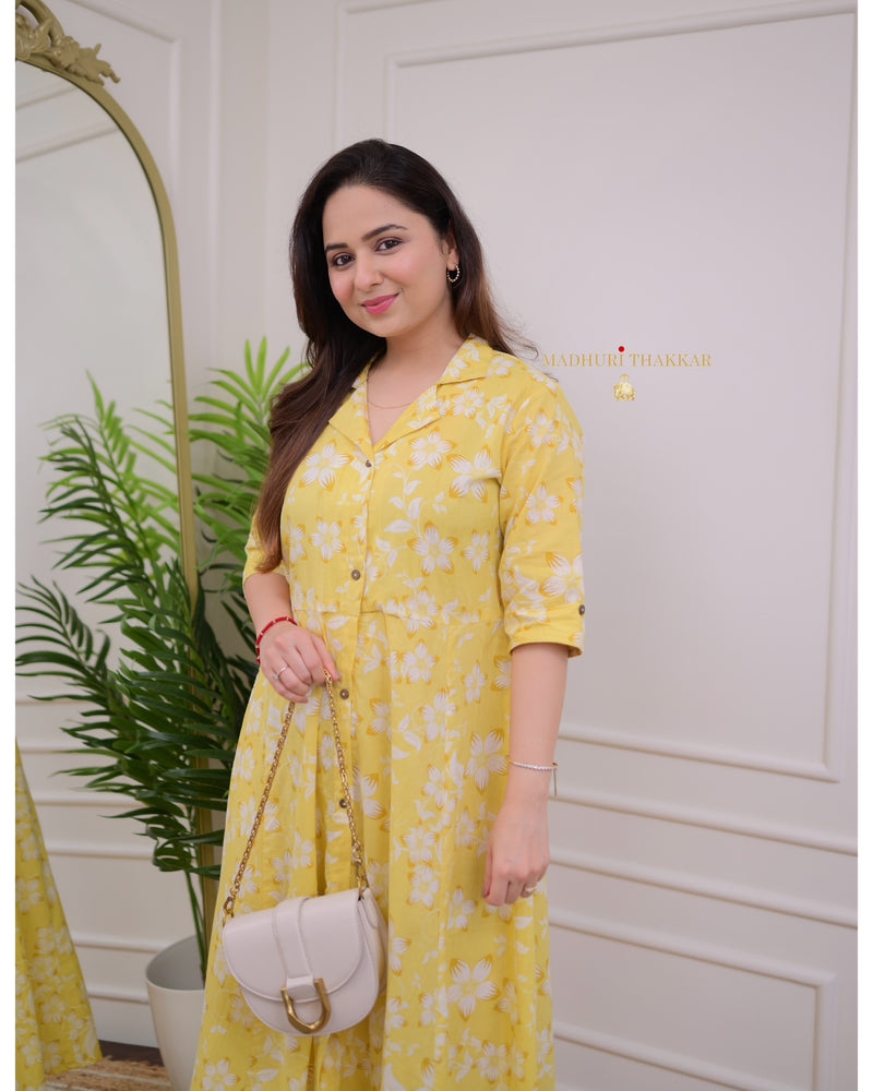 Bisque Yellow Flower Cotton A Line Dress