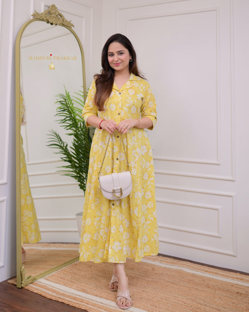 Bisque Yellow Flower Cotton A Line Dress