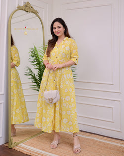 Bisque Yellow Flower Cotton A Line Dress