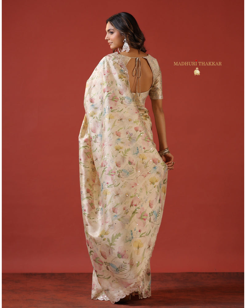 Ivory Multi Floral Tussar Saree With Mirror and Aari Work