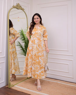 Mustard-Ivory Botanical Cotton A Line Dress