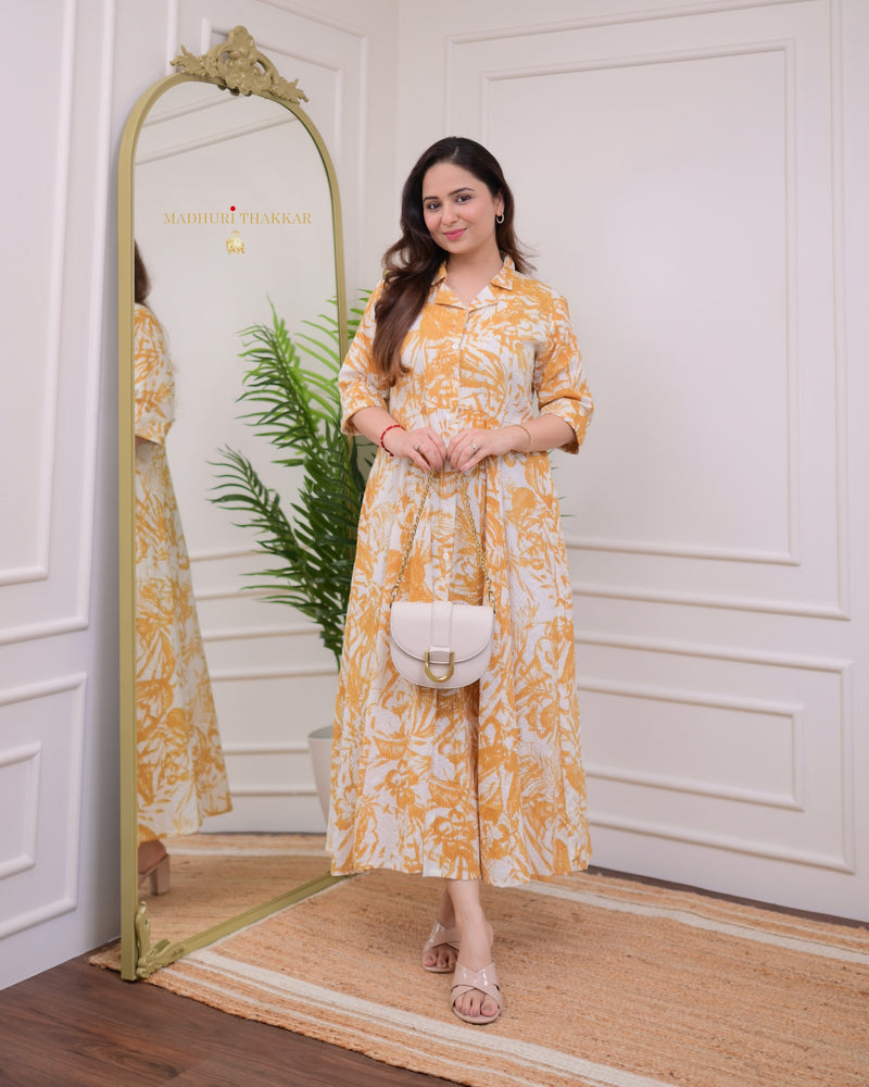 Mustard-Ivory Botanical Cotton A Line Dress