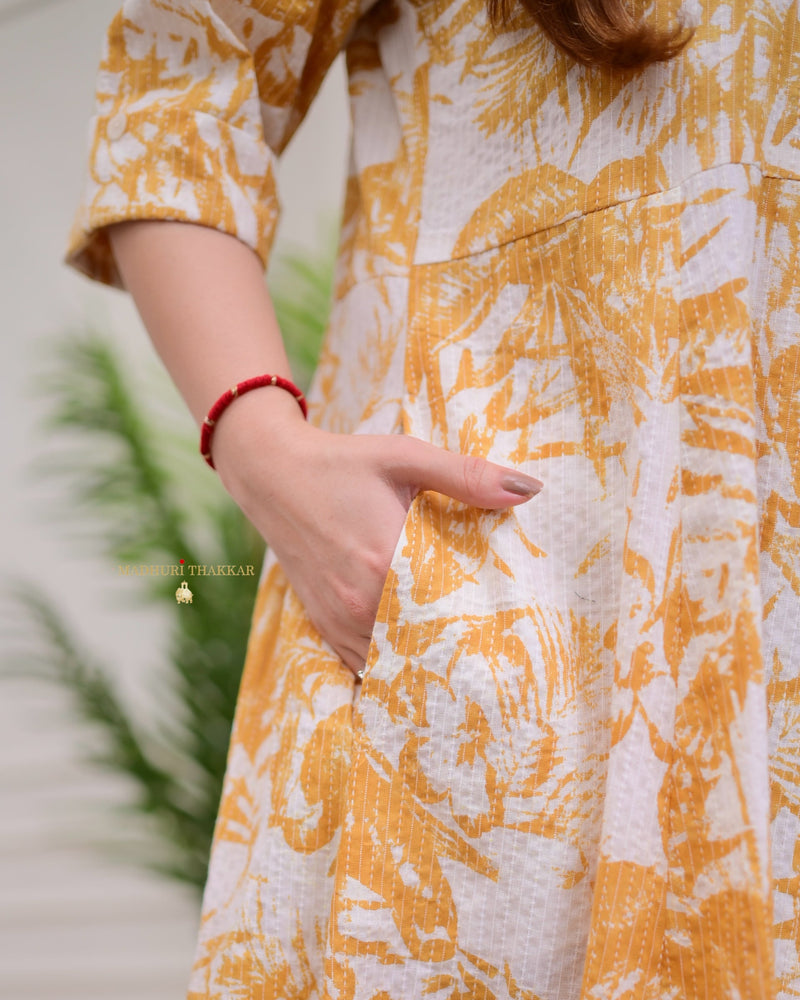 Mustard-Ivory Botanical Cotton A Line Dress