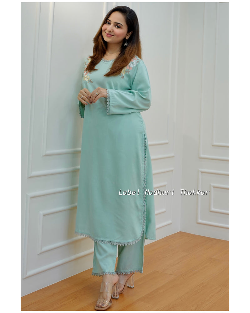 Pista Green Threadwork Kurta Set