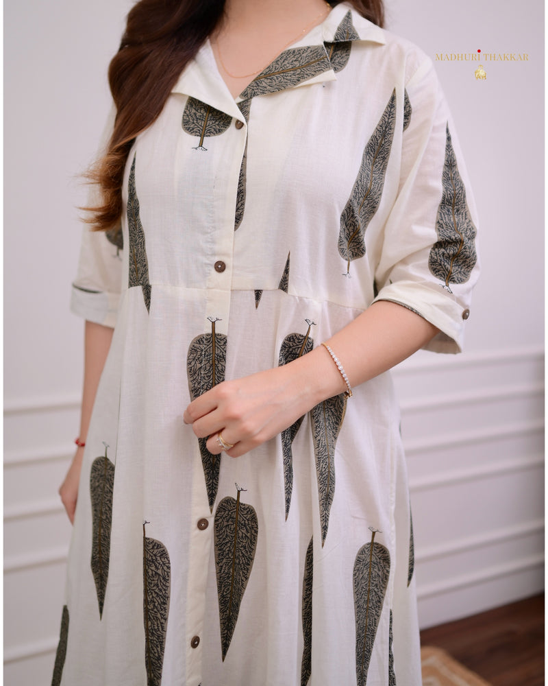 Ivory-Grey Leaf Cotton Aline Dress