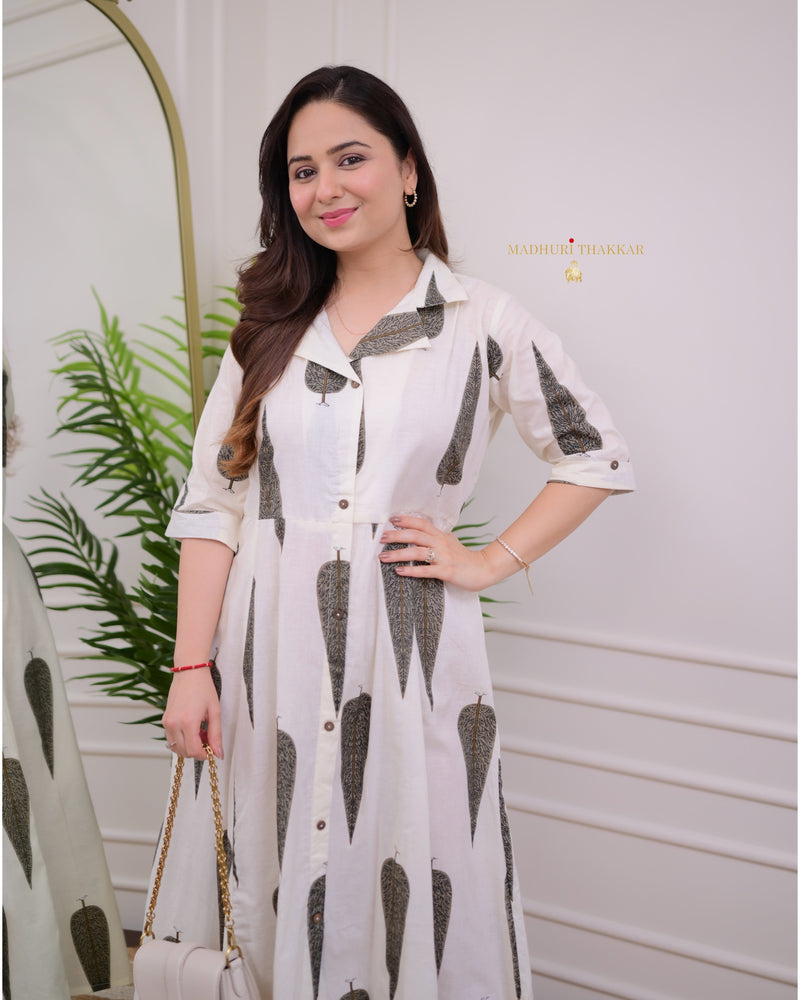 Ivory-Grey Leaf Cotton Aline Dress