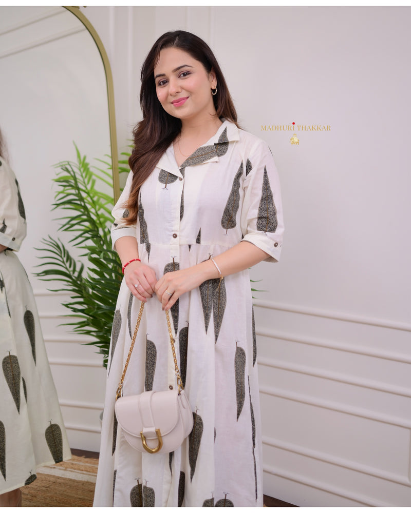 Ivory-Grey Leaf Cotton Aline Dress