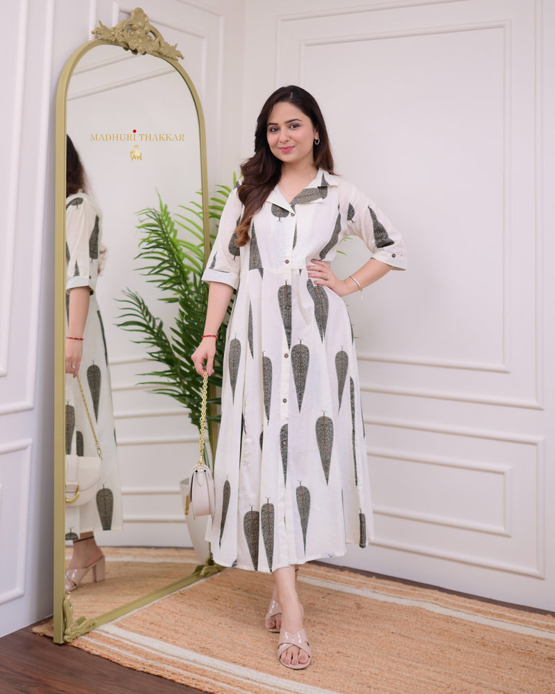 Ivory-Grey Leaf Cotton Aline Dress