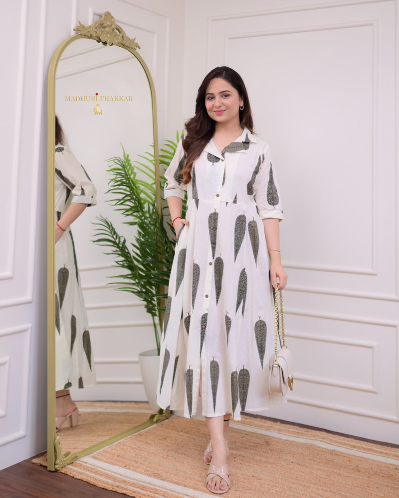 Ivory-Grey Leaf Cotton Aline Dress