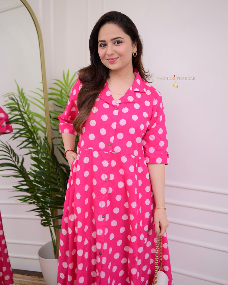 Pink Polka Dots Cotton A Line Dress