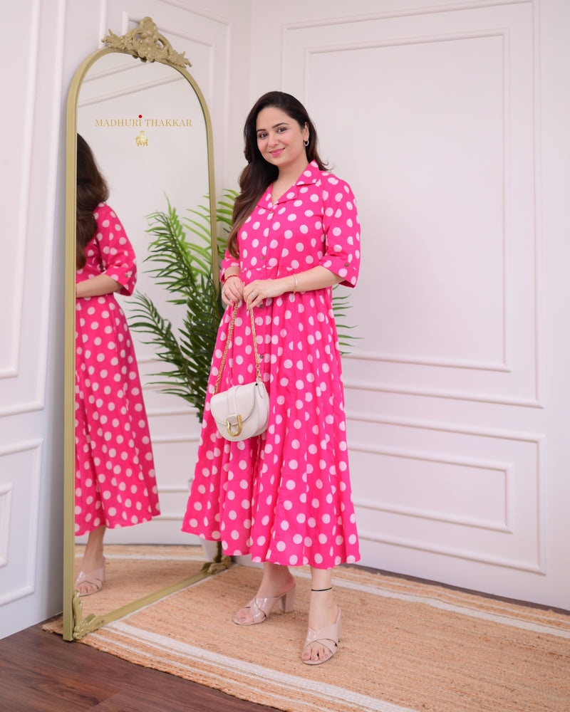 Pink Polka Dots Cotton A Line Dress