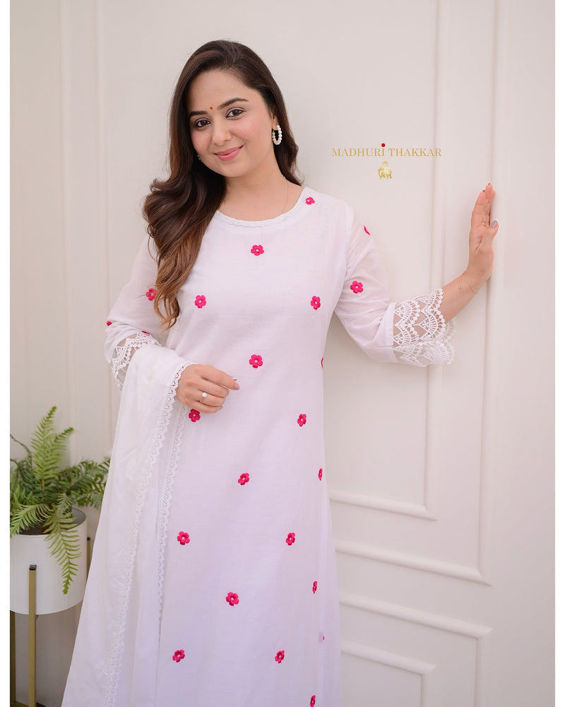 Ivory-Red Embroidered Flower Mul Cotton Suit