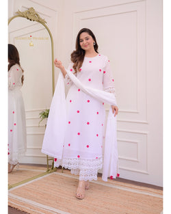 Ivory-Red Embroidered Flower Mul Cotton Suit