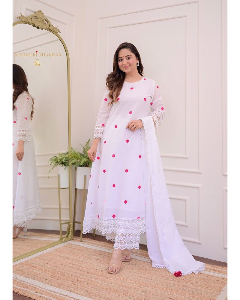 Ivory-Red Embroidered Flower Mul Cotton Suit