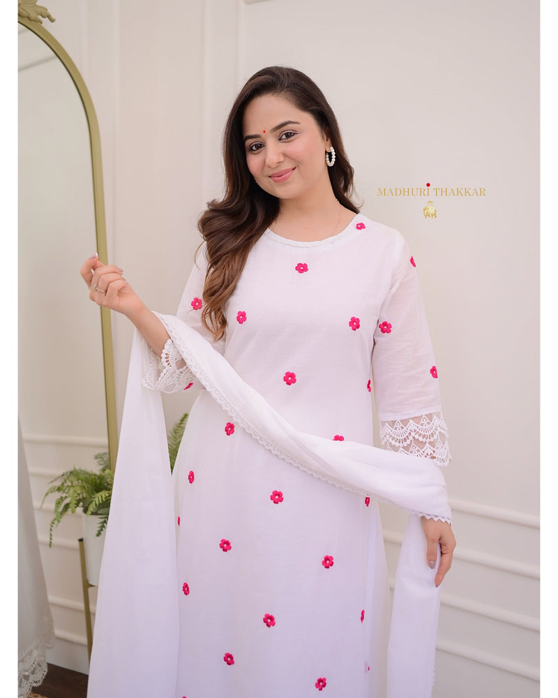 Ivory-Red Embroidered Flower Mul Cotton Suit