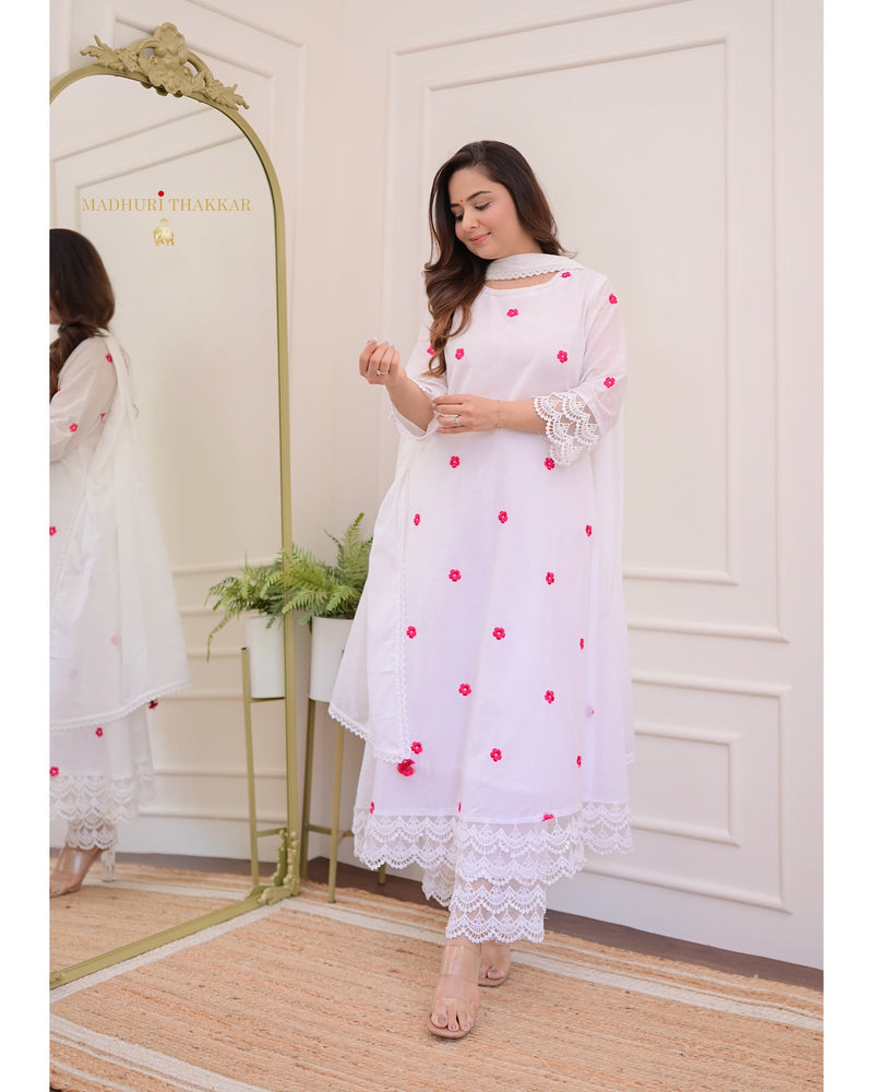 Ivory-Red Embroidered Flower Mul Cotton Suit