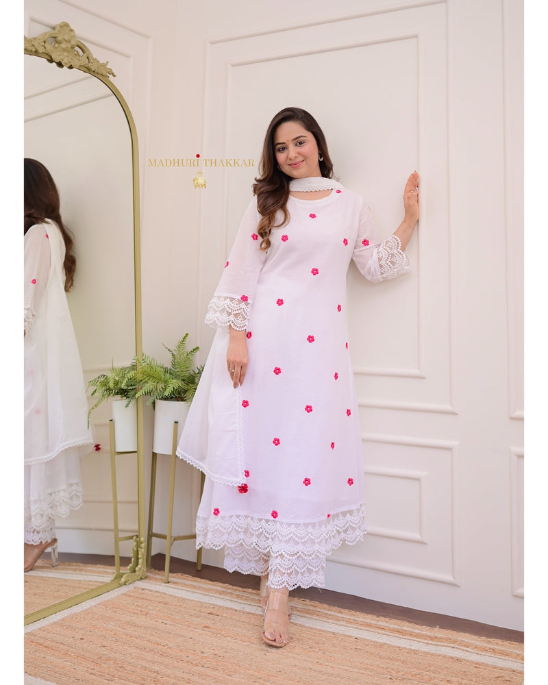 Ivory-Red Embroidered Flower Mul Cotton Suit