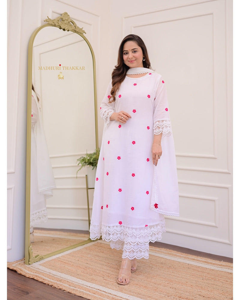 Ivory-Red Embroidered Flower Mul Cotton Suit