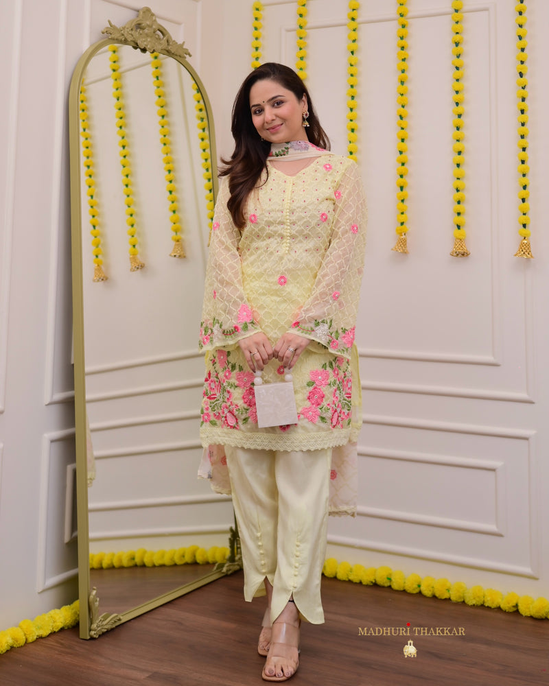 Lemon Yellow Organza Handwork Tulip Pant Suit